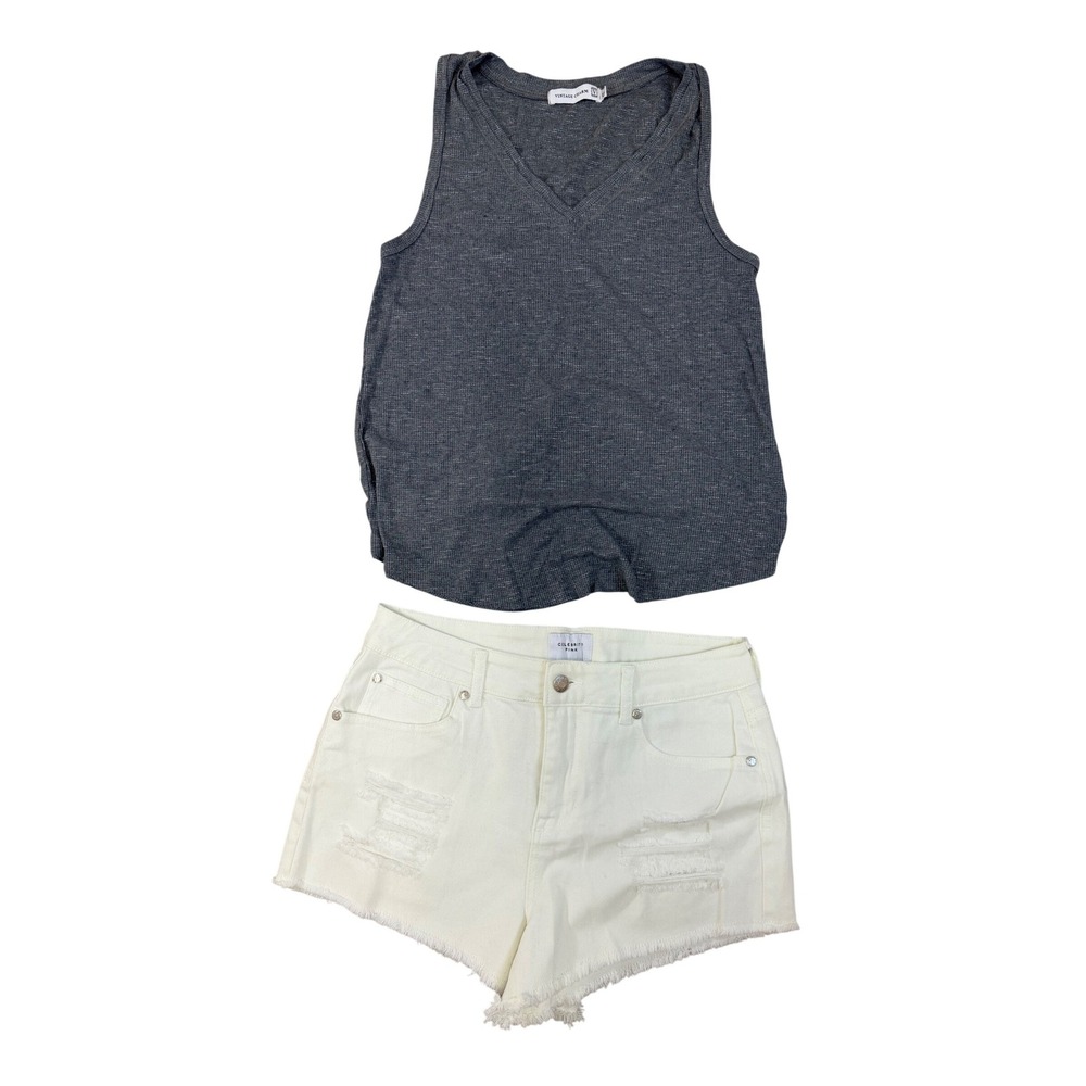 Summer Bundle Grey Tank & Celebrity Pink White Jean Shorts Coastal Casual